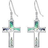Suiknsn Mountain Mustard Seed Earrings for Women 925 Sterling Silver Abalone Shell Cross Dangle Drop Earring Christian Jewelry Outdoor Birthday Gifts