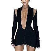 SHIPPOOOU Women Sexy Deep V Neck Long Sleeve Backless Dress Cut Out Bodycon Ruched Mini Club Dresses