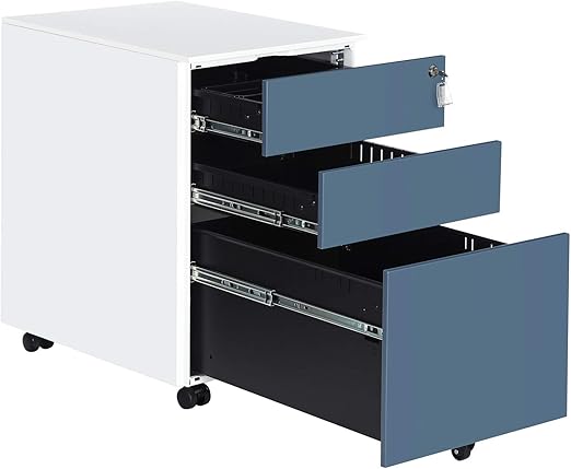 Amazon Com Songmics Steel File Cabinet With 3 Drawers Lockable Steel Pedestal With Hanging File Rails 20 5 L X 15 4 W X 23 6 H White And Blue Uofc60wb Home Kitchen