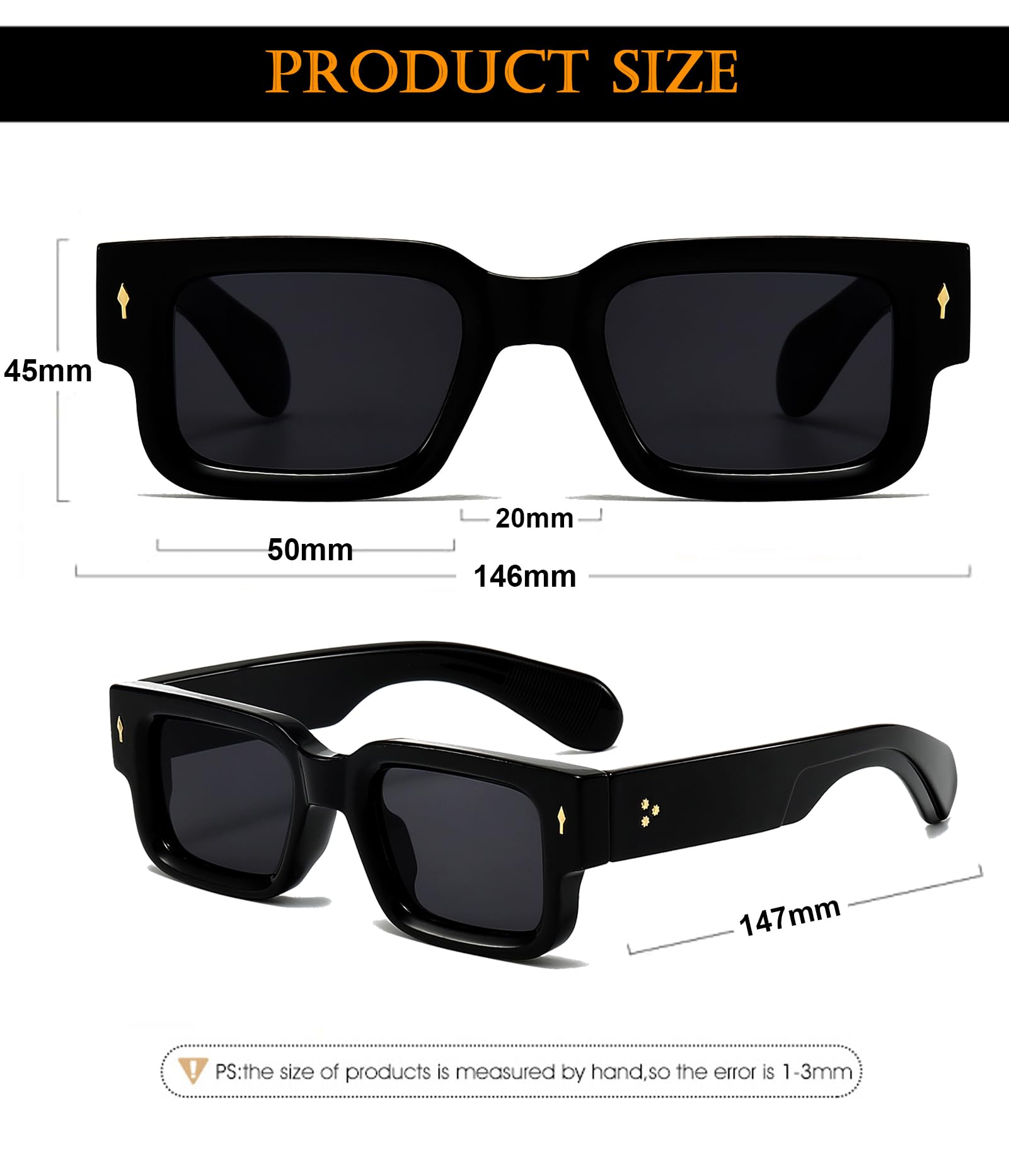 EYLRIM Thick Frame Square Sunglasses for Women Men Chunky Rectangle Sun Glasses Black Shades UV400 Protection
