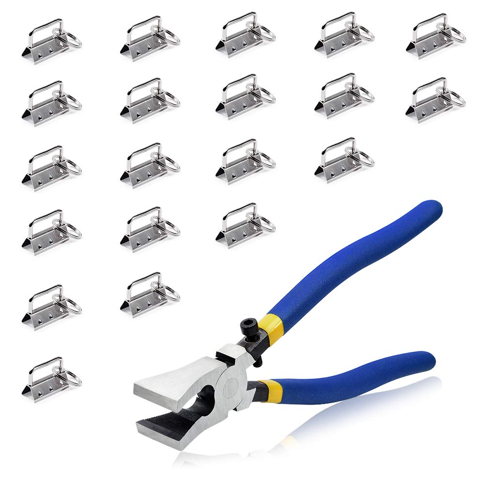 SPEEDWOX Key Chain Fob Hardware Set with Split Rings 20 Sets and Glass Breaking Pliers Key Fob Pliers Tools for 1.25 Inch Webbing Fabric Strapping Wristlet White Nickel Key Fob