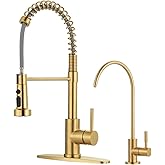 Kitchen Faucet and Water Filter Faucet: Brushed Gold Kitchen Sink Faucet with Drinking Water Faucet - Stainless Steel Single Handle Tap with Pull Down Sprayer for Kitchen Sink Farmhouse Bar