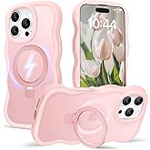 Amzfield for iPhone 16 Pro Max Case, Compatible with Magsafe with Invisible Magnetic Ring Stand Wavy Frame Cute Translucent Matte Hard Back Silicone Bumper Shockproof Phone Case Women Girls, Pink