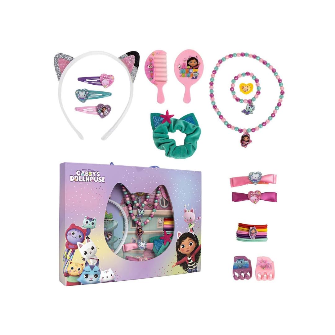 My sweety pop - Gabby's Dollhouse – Set of 24 Girls' Accessories – Headband, Necklace, Bracelet, Brush, Clips & Elastics – Pink and Purple