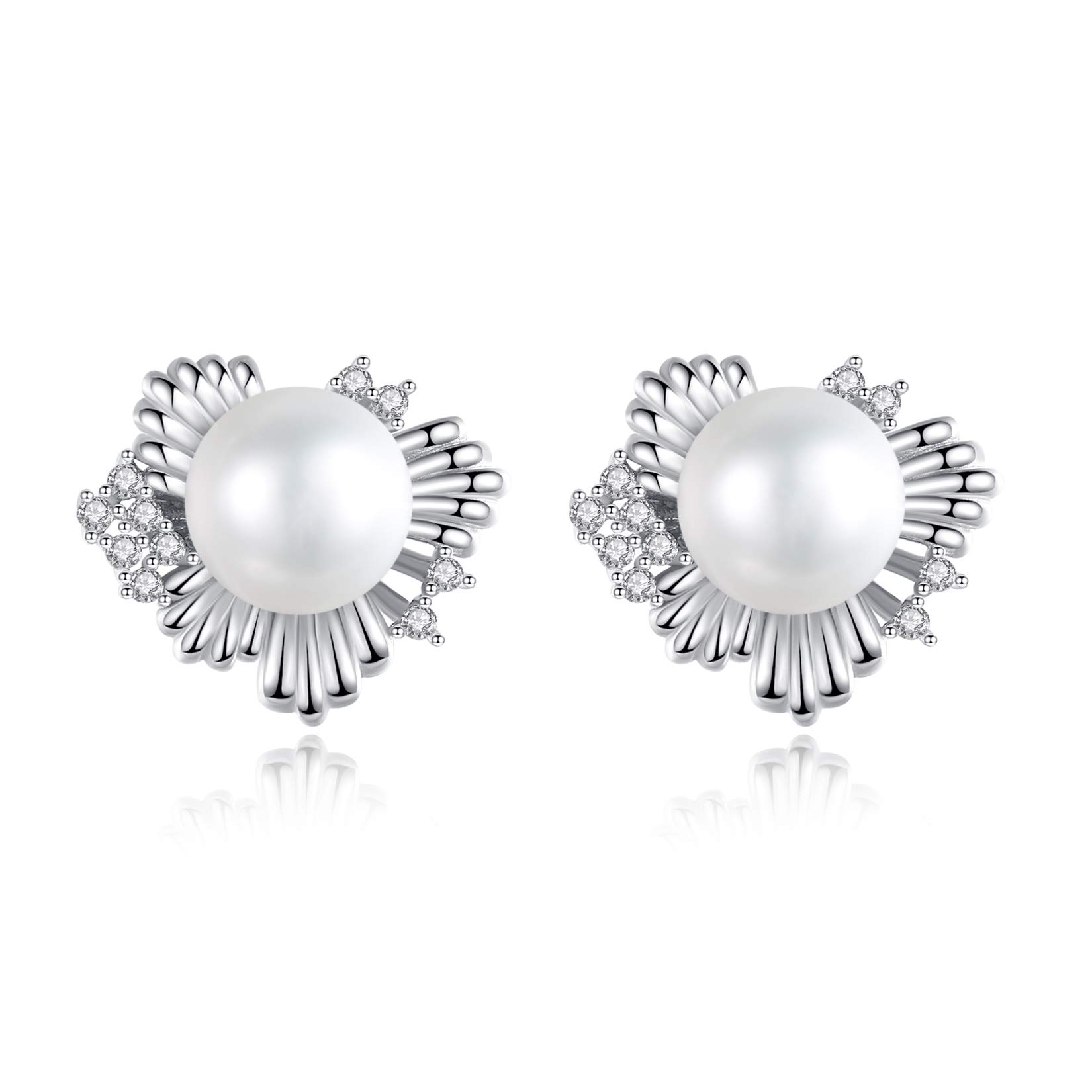 VIKI LYNN Pearl Earrings for Women Freshwater Cultured Button Pearl Stud Earrings with 925 Sterling Silver Cubic Zirconia flower Shape Real Pearl