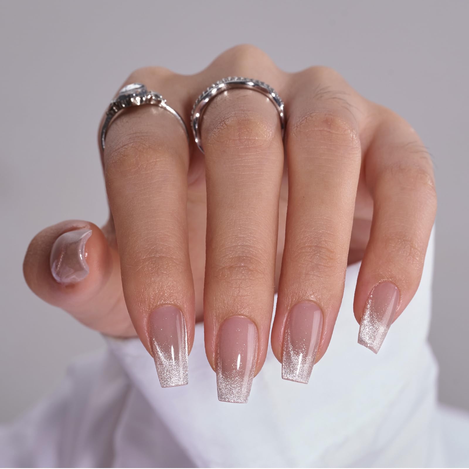 BTArtbox Press On Nails Short - Cat Eye French Tip Press On Nails Coffin, Light Weight & Fit Perfectly Nail Tips, Natural Fake Nail with Glue, Glue On Nails in 16 Sizes - 30 Nail Kit, Milky Way - Image 2