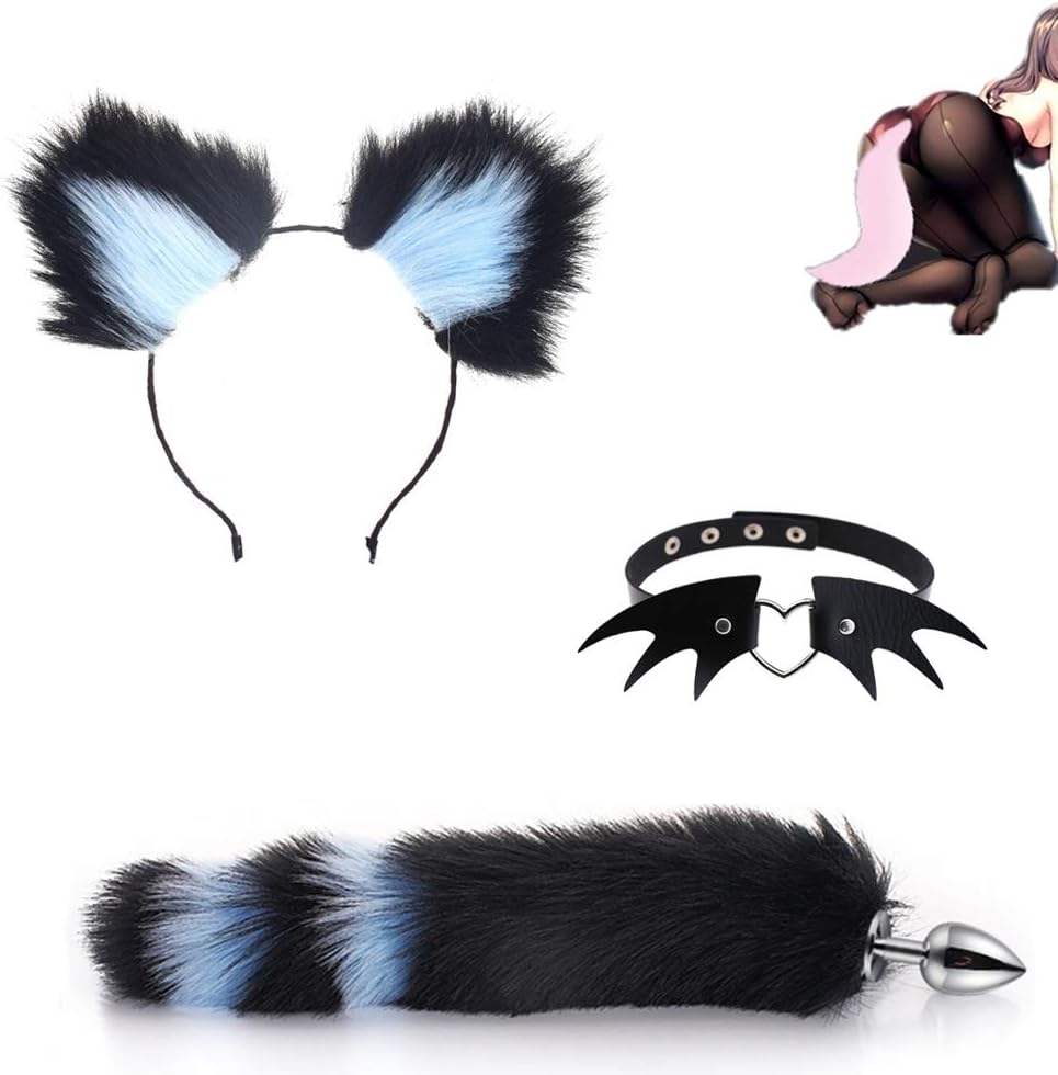 3 PCS Women's Little Devil Wings Collar with Key Chocker Chokers Fluffy Fur Tail for Sweetheart Baby Costume Cosplay B-ütt Pl-ùg T-ö-ys（ Black and Bule）-S