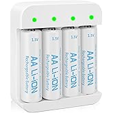 Rechargeable 1.5V Lithium AA Batteries with Charger (4-Bay Independent Slot), Long Lasting Double A Size Battery 3600mWh for 