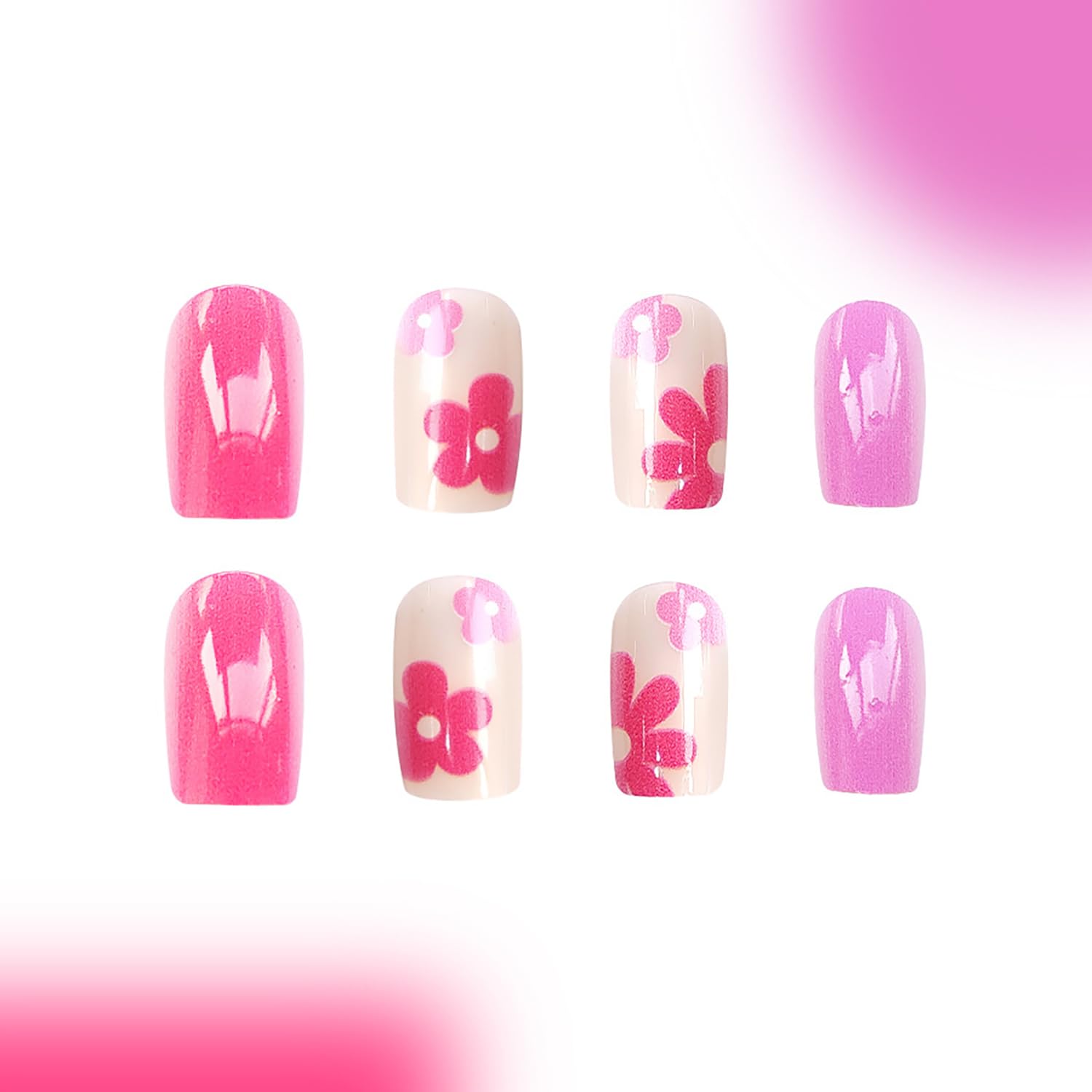 24 Pcs Pink Press on Nails Short Square RIICFDD Floral Fake Nails Cute Flower Acrylic False Nails with Designs Spring Full Cover Press on Nail for Women Girl - Image 5