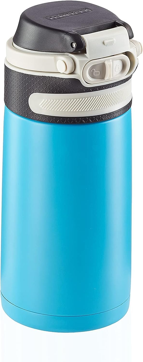Leifheit Insulating Mug Flip 350ml, coffee mug 100% leak-proof, practical one-hand opening, drinking mug to go with fruit filter, keeps drinks hot for up to 6 hours, sky blue — image 1
