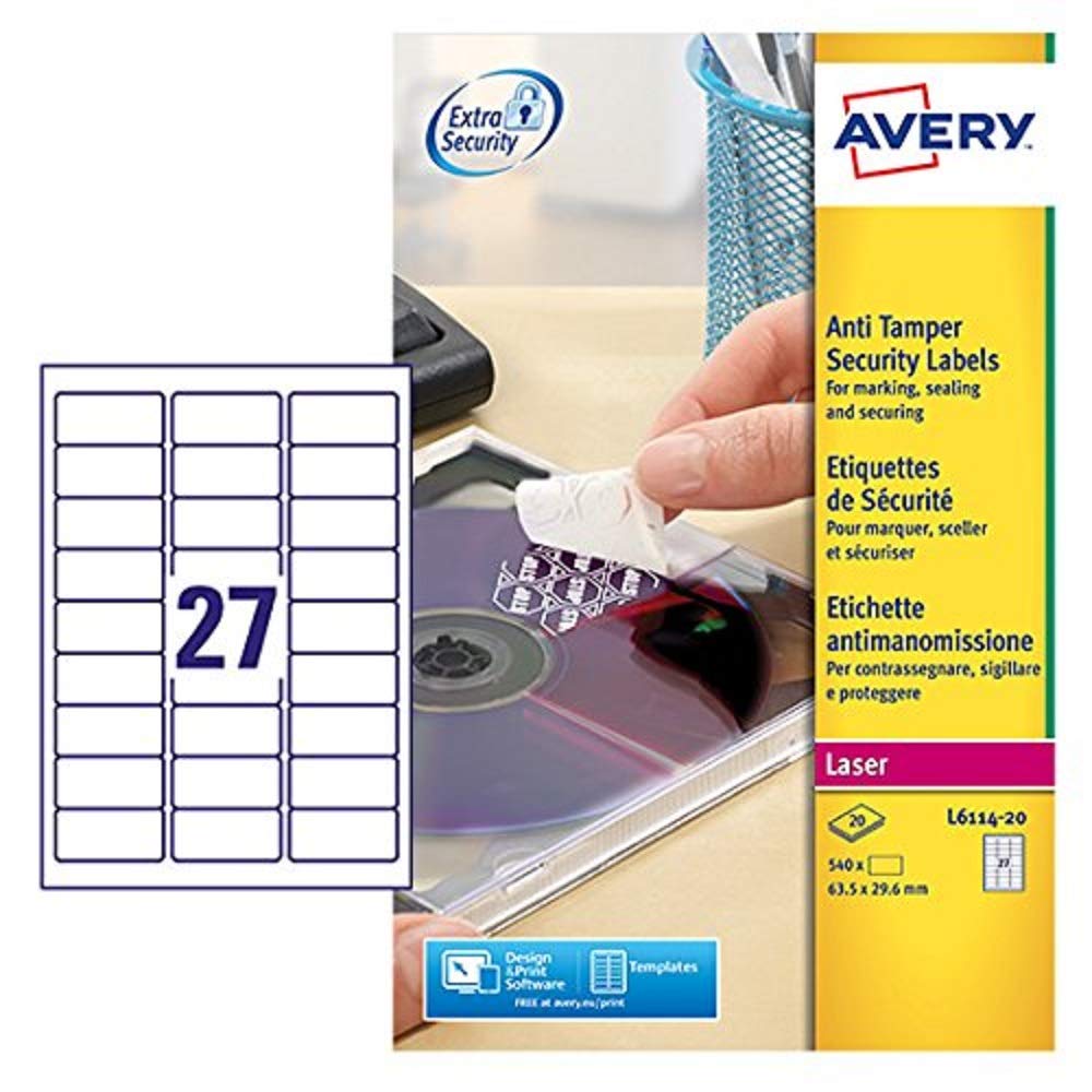 Avery L6114-20 Extra-Strong Adhesive Anti Tamper Security Labels, 27 Labels Per A4 Sheet