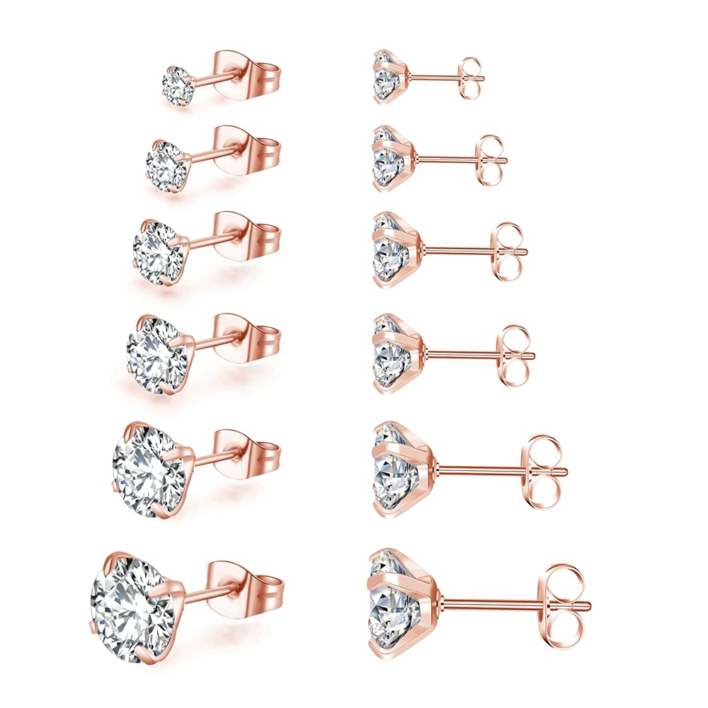 6 Pairs Stud Earrings Set,Hypoallergenic Cubic Zirconia 316L Stainless Steel CZ 3-8mm Earrings for Men,Women,Boys & Girls (Rose Gold) โ image 1
