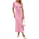 MEROKEETY Women's 2026 Spring Ribbed Maxi Dress Summer V Neck Button Short Sleeve Slim Fit Bodycon Knit Sweater Dresses
