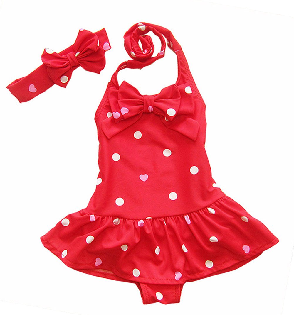 CHUNG Baby Toddler Little Girls Heart Dot Printed One Piece Halter Swimsuit with Headband 1-5Y