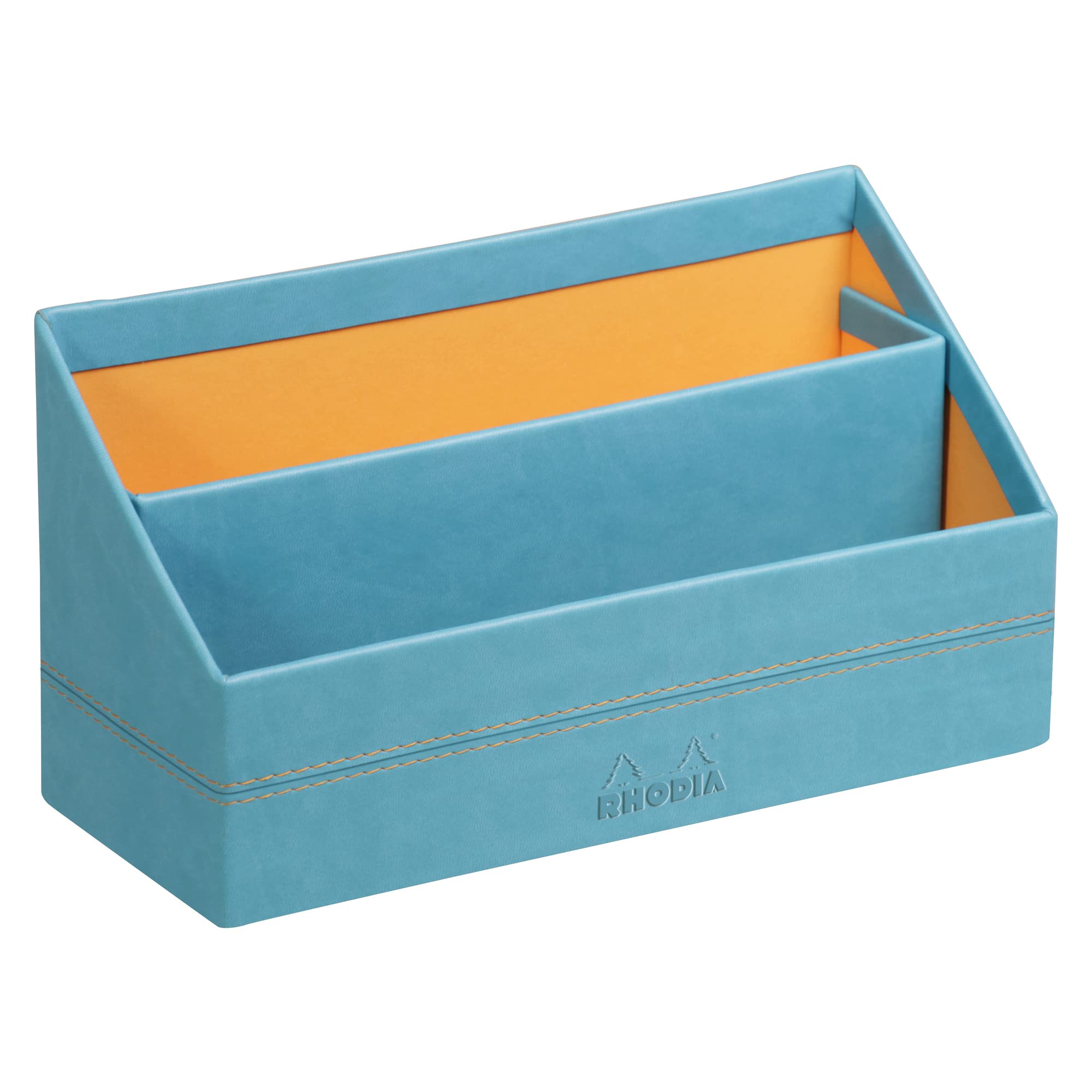 RHODIA 318847C - Turquoise Mail Holder - 25x10x14 cm - Orange Saddle Stitching - Faux Leather Exterior - Rhodiarama Home Office Collection - Office Organization & Designer Storage