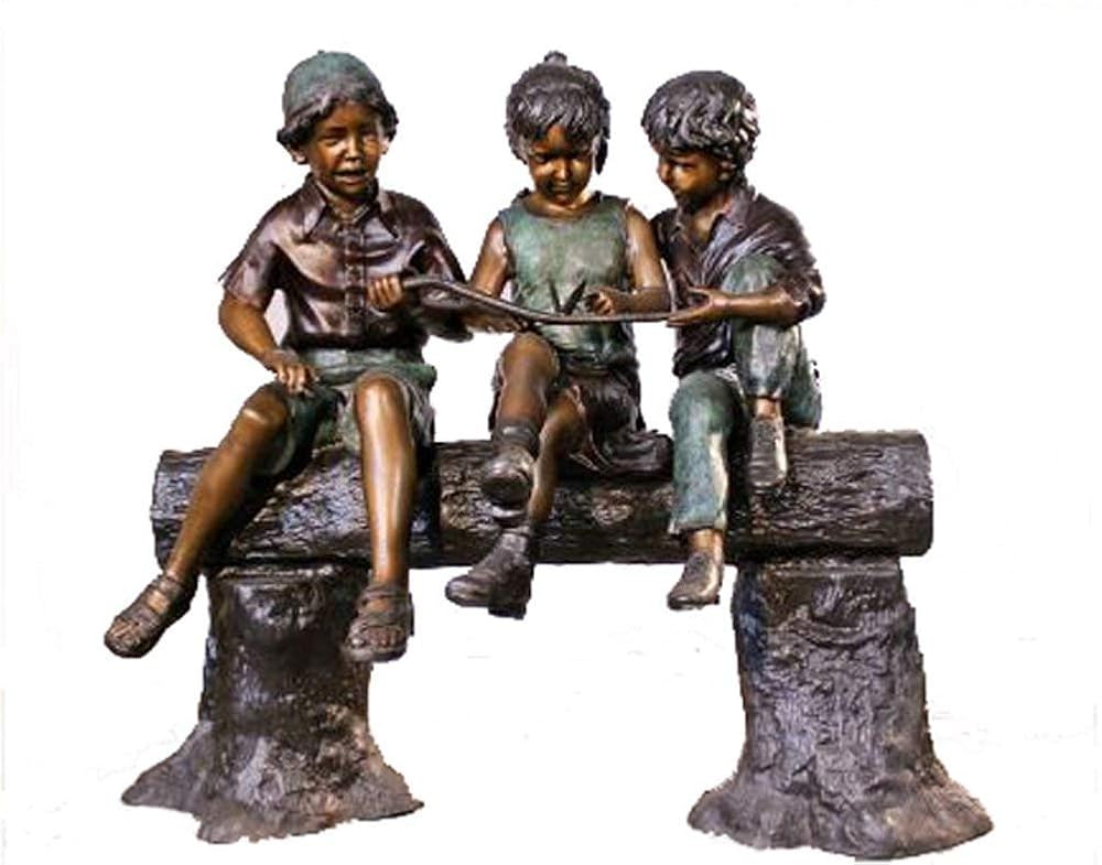 3 Kids Sitting on a log Lost Wax American Bronze Children