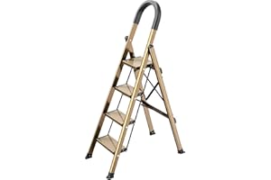 GameGem Lightweight Aluminum 4 Step Ladder Folding Step Stool Stepladders with Anti-Slip and Wide Pedal for Home and Kitchen Use Space Saving (Brown Gold)