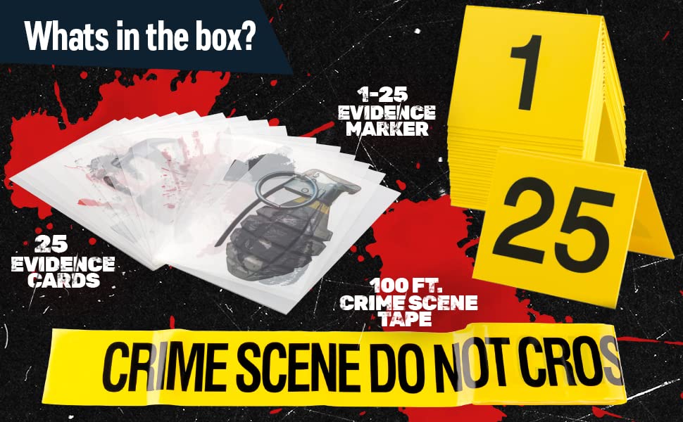 Halloween Crime Scene Decorations Kit, Crime Mystery Dinner Party Game Supplies, Includes Crime Scene Tape, 25 Yellow Evidence Markers, 25 Crime Object Cards