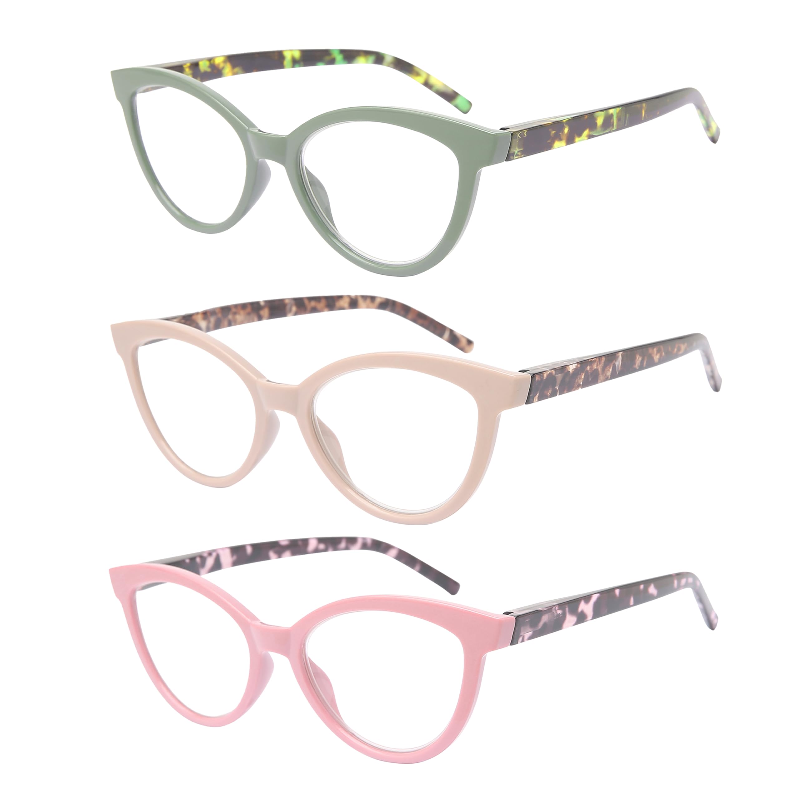 Dolarosey Reading Glasses 3 Pack Cat Eye Mixed Color Womens Clear Vision Readers (1.5)