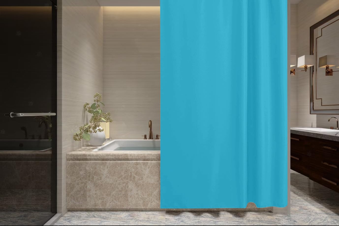 ProBytes Polyester Shower Curtain - Water Repellent Fabric,180 x 180 CM, 71 x 71 Inch, 12 Rail Hooks, Mildew Resistant, Machine Washable, Soft & Elegant Colours, Bathtub, Bathroom, Wet Room - Blue