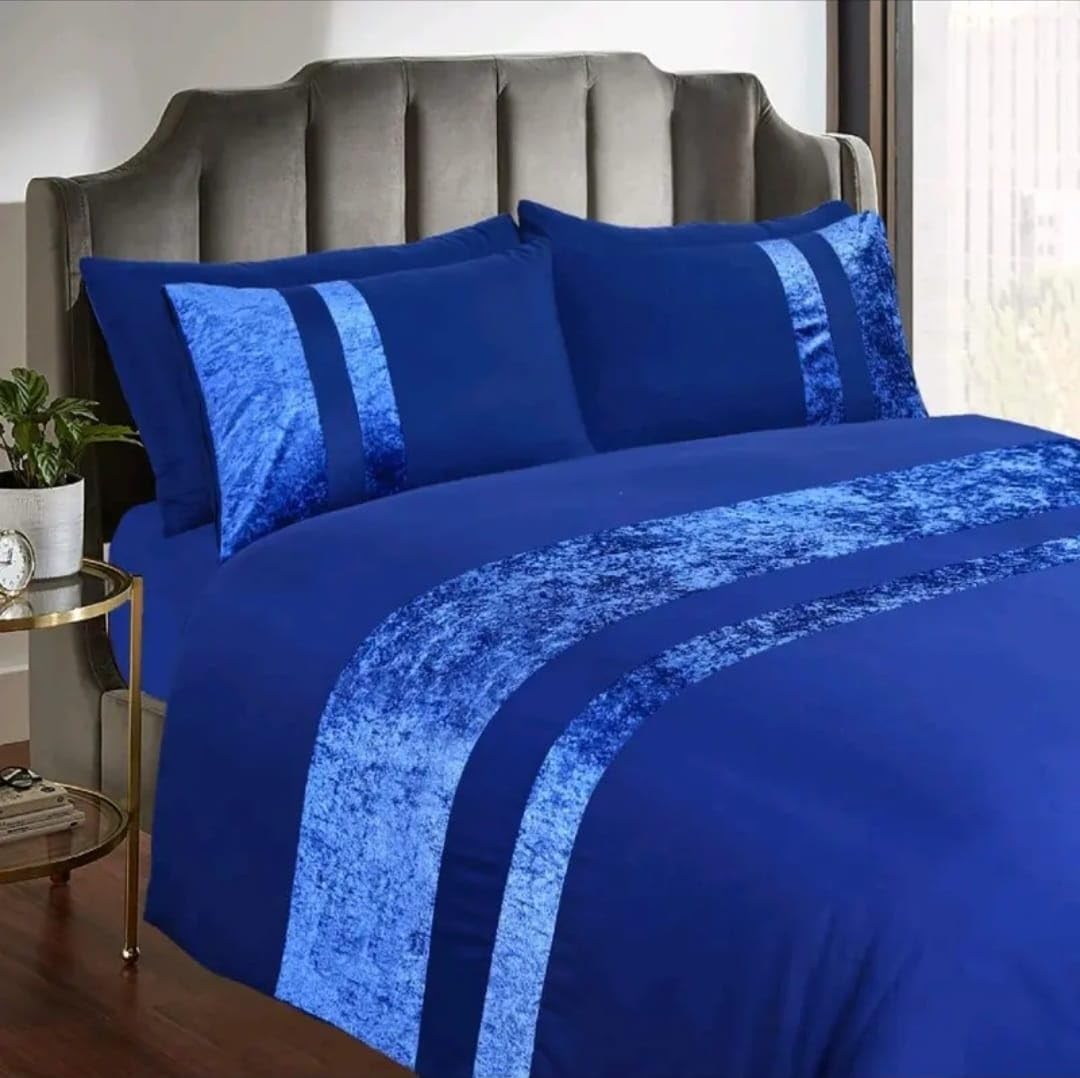 DARWEN STAR Crushed Velvet Panel Band Duvet set with Pillow Case pair | Duvet cover, Bedding Set (Navy Blue, Super king)