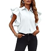 Tankaneo Womens Ruffle Button Down Shirts Cute Summer Short Sleeve Tops Blouse