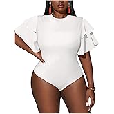 WDIRARA Women's Plus Size Layered Ruffle Short Sleeve Bodysuit Crew Neck Leotard Tops
