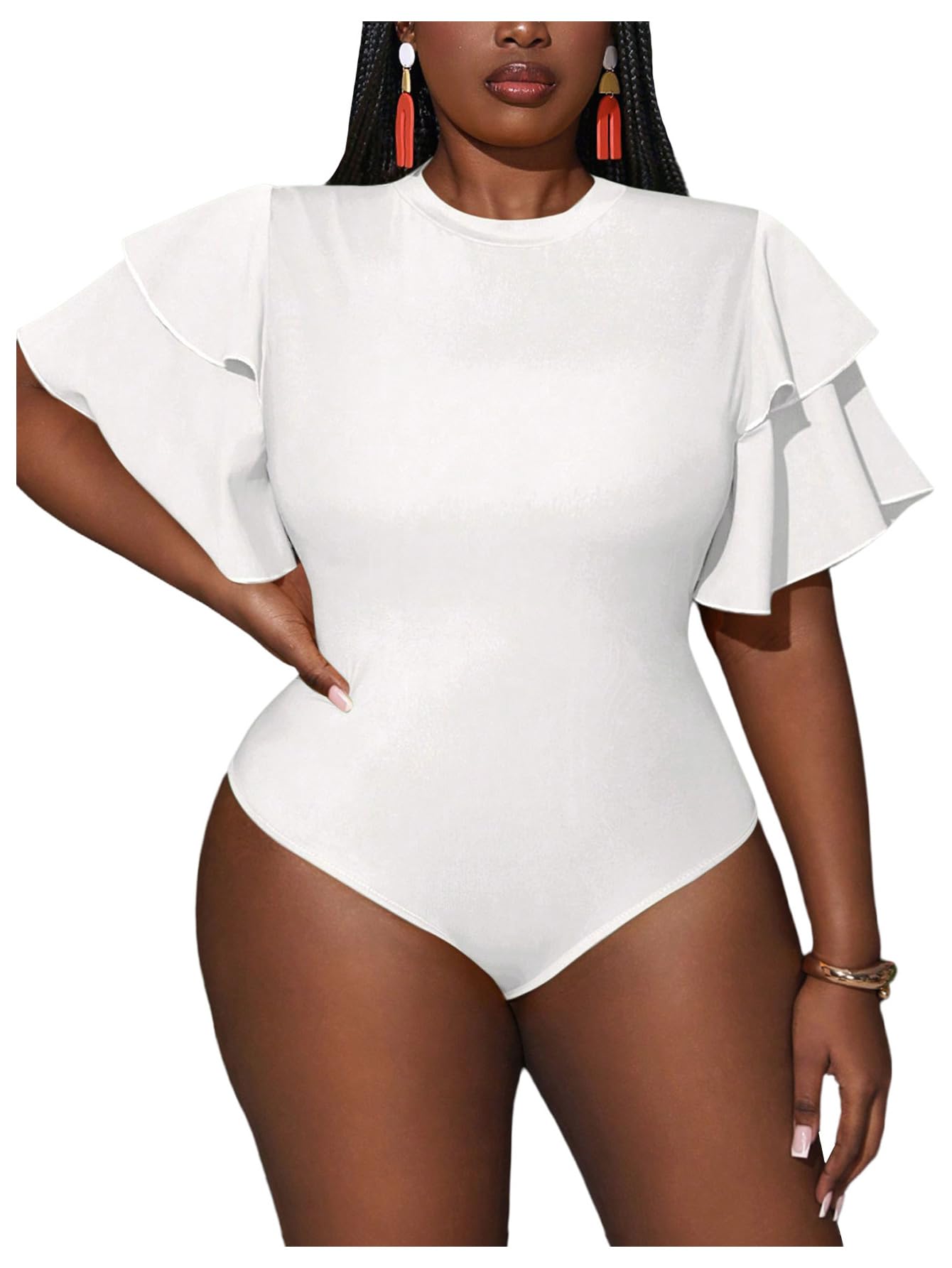 Photo 1 of WDIRARA Women's Plus Size Layered Ruffle Short Sleeve Bodysuit Crew Neck Leotard Tops White XX-Large Plus