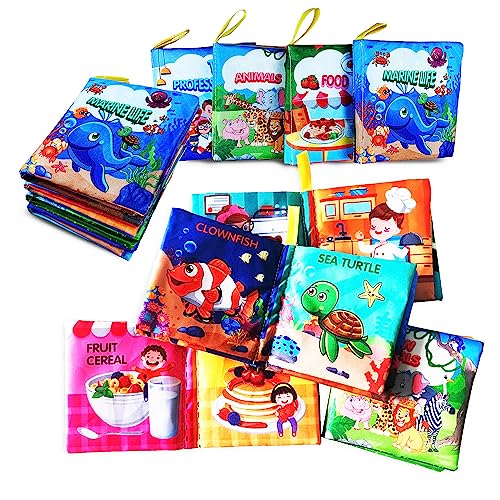 AMINFUN Soft Cloth Baby Book Toy Pack of 4, Touch & Feel, Crinkle Book, Early Educational Toy for 0-6 Months, Animal, Marine Life, Food, Profession Themes
