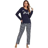 Longzhuo Cat Pajamas for Women, Soft Comfy Women's Pajama Sets - Long Sleeve Sleepwear with Pants, Cotton Cat Pjs for Women and Girls S-XXL (US, Alpha, XX-Large, Regular, A2-Blue)
