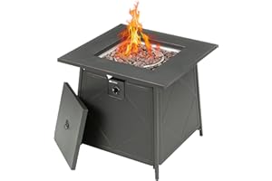 Four Seasons Courtyard Dual Heat 28 Inch Steel Square Gas Outdoor Backyard Tabletop Fire Pit with Lava Rocks and Steel Cover Lid, Black