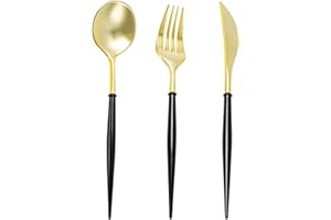 N9R Gold Plastic Cutlery Set - 90pcs with Black Handle - Fancy Plastic Silverware, Heavy Duty - 30 Spoons, 30 Forks, 30 Knives for Halloween and Everyday Use