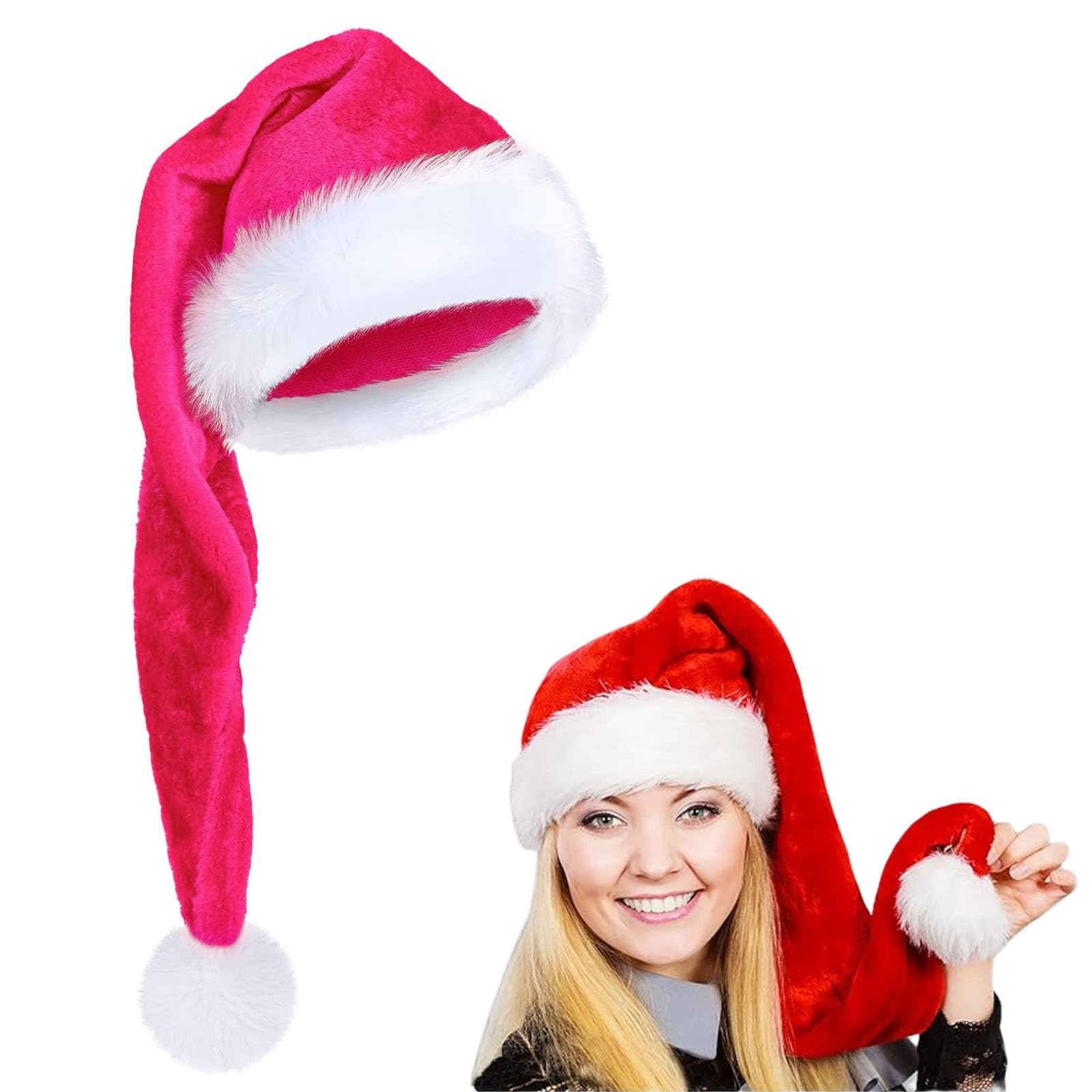 Extra Long 75cm Pink Santa Hats, Velvet Plush Unisex Father Christmas Costume, Classic Santa Hat for Kids & Adults, Party Hats for Christmas & New Year