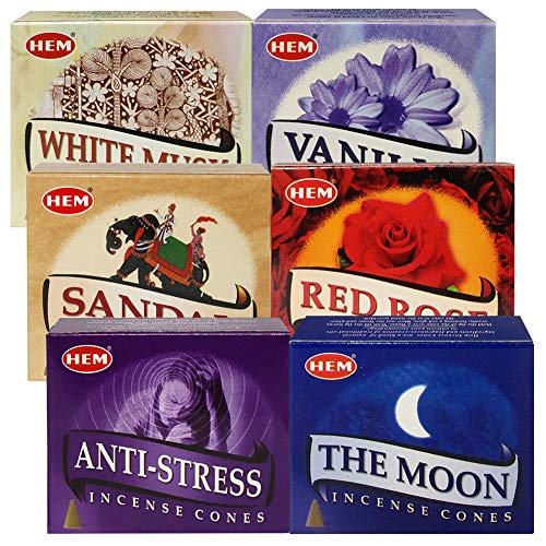 Hem Incense Cones Variety Pack 6 and Cone Incense Burner Bundle with 6