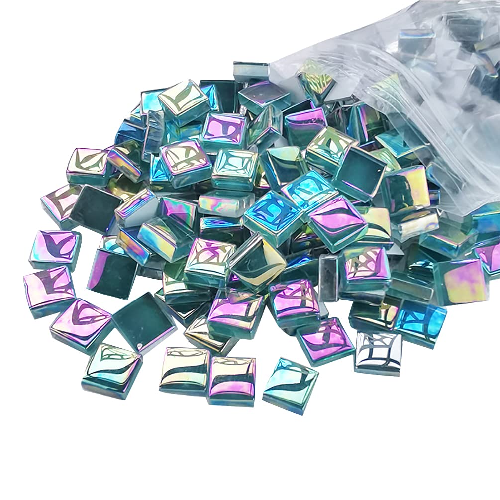 Focal20 Mosaic Tiles Square Iridescent Crystal Mosaic Glass Tile for Crafts, Mosaic Pieces DIY Picture Frames Handmade Jewelry Art Decoration Gifts,100 Pieces (Cyan)
