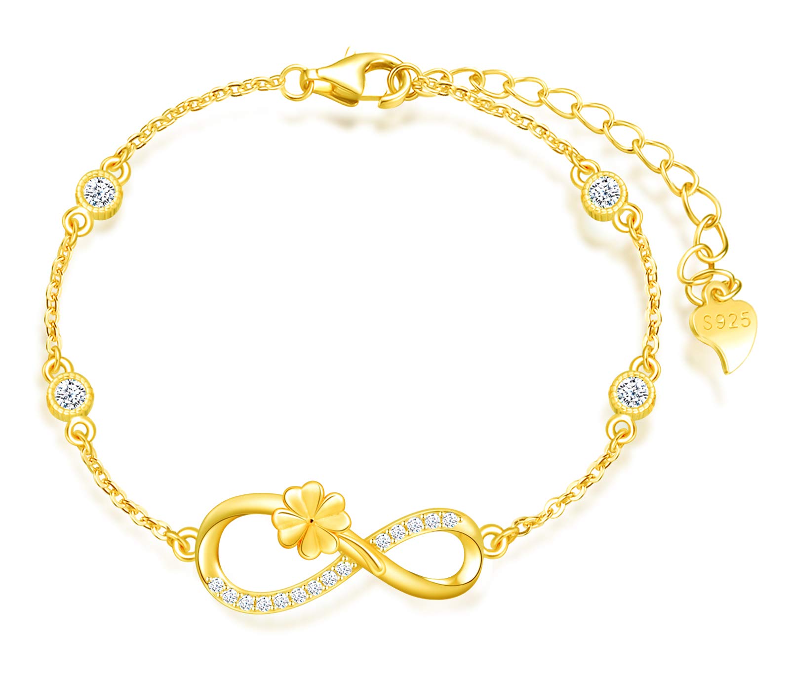 MicLee Woman's girl's Bracelet, 925 Sterling Silver bracelet, Lucky Clover and infinity symbol bracelet, Inlaid with zircon, adjustable chain, Unique design bracelet, gold — image 1