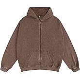 FUJUTANG Mens Womens Zip Up Acid Wash Hoodie Vintage Oversized Streetwear Heavyweight Fleece Cotton Zipper Hoodie Jacket