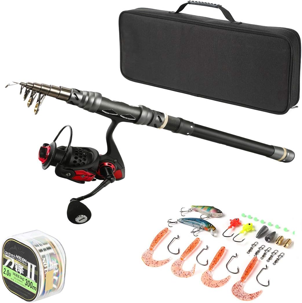 Amazon Com Rophal Spinning Rod And Reel Combos Carbon Fiber Telescopic Fishing Rod With Reel Combo Line Lures Hooks And Fishing Carrier Bag Case Accessories For Saltwater Freshwater Sports Outdoors
