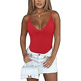 REORIA Women's Sexy V Neck Lace Backless Bodysuits Trendy Sleeveless Double Lined Thong Going Out Y2K Spaghetti Strap Tops