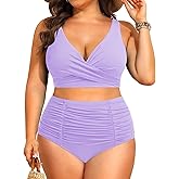 Holipick Two Piece Plus Size Swimsuits for Women High Waisted Bikini Tummy Control Bathing Suits Twist Front Swimwear