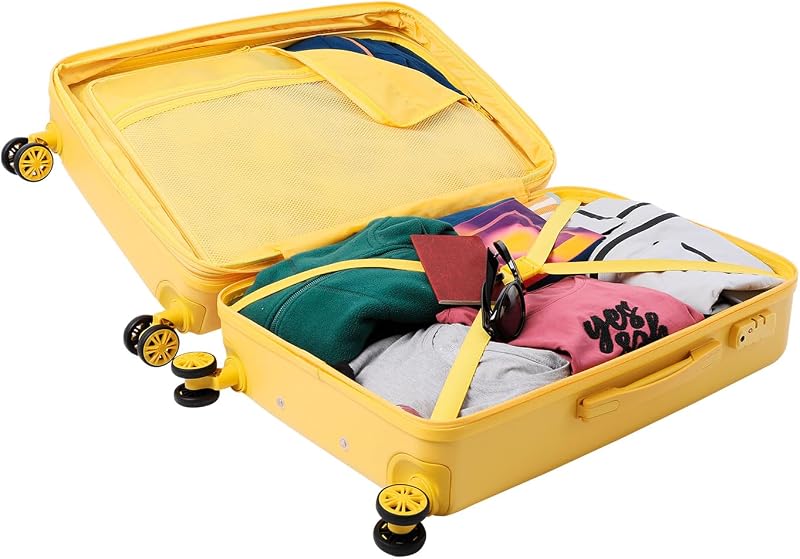- Mala Média Dura, modelo Bazy+, 43,5 x 69 x 26 cm, capacidade de 64 L, expansível, resistência a impactos, rodas de 360º, pega telescópica, tiras internas, fechadura TSA, cor Super Lemon