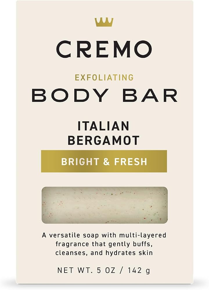 Cremo Exfoliating Body Bar for Men, Italian Bergamot Scent, Multi-Layered Fragrance That Buffs, Cleanses and Hydrates Skin, 5