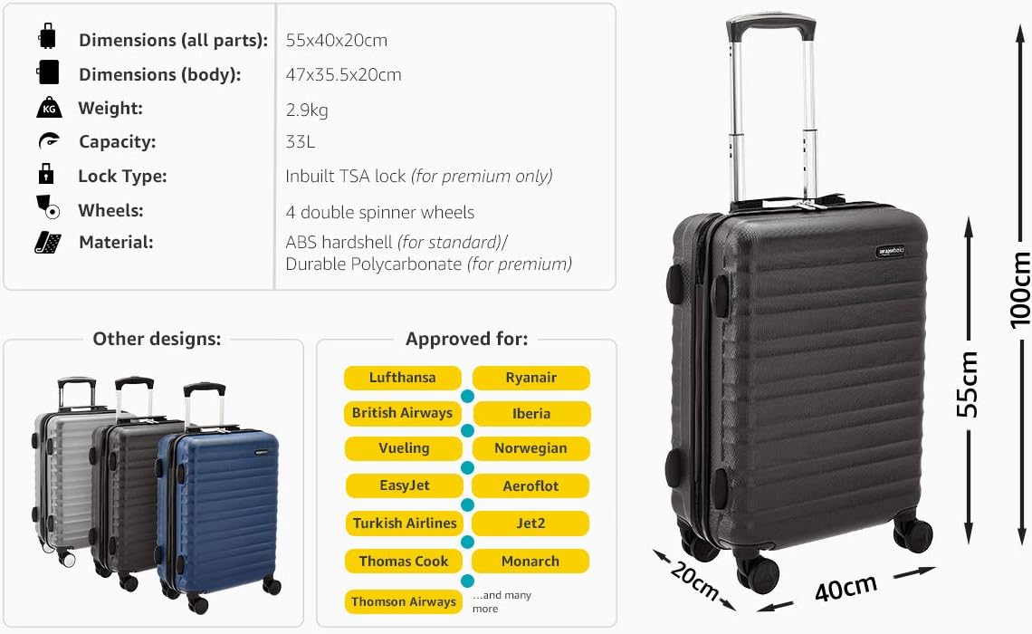 Valigie Trolley rigido di prima qualità con ruote multidirezionali 55 cm  approvato dalla maggior parte delle compagnie aeree low cost grigio con  lucchetto TSA integrato Basics urban-earth.co.uk