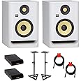 KRK RP5 ROKIT 5 G4 5" Pro Bi-Amp 2-Way Powered Studio Monitor, White (Pair) Bundle with Auray TMS-135 Studio Monitor Stands (Pair), 2X Auray IP-S Small Isolation Pad & 2X XLR Cable