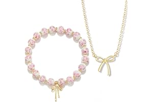 Qiuseadu Bow Bracelet Necklace Set 14K Gold Beaded Bracelet Dainty Bow Pendant Choker Jewelry Gift Set