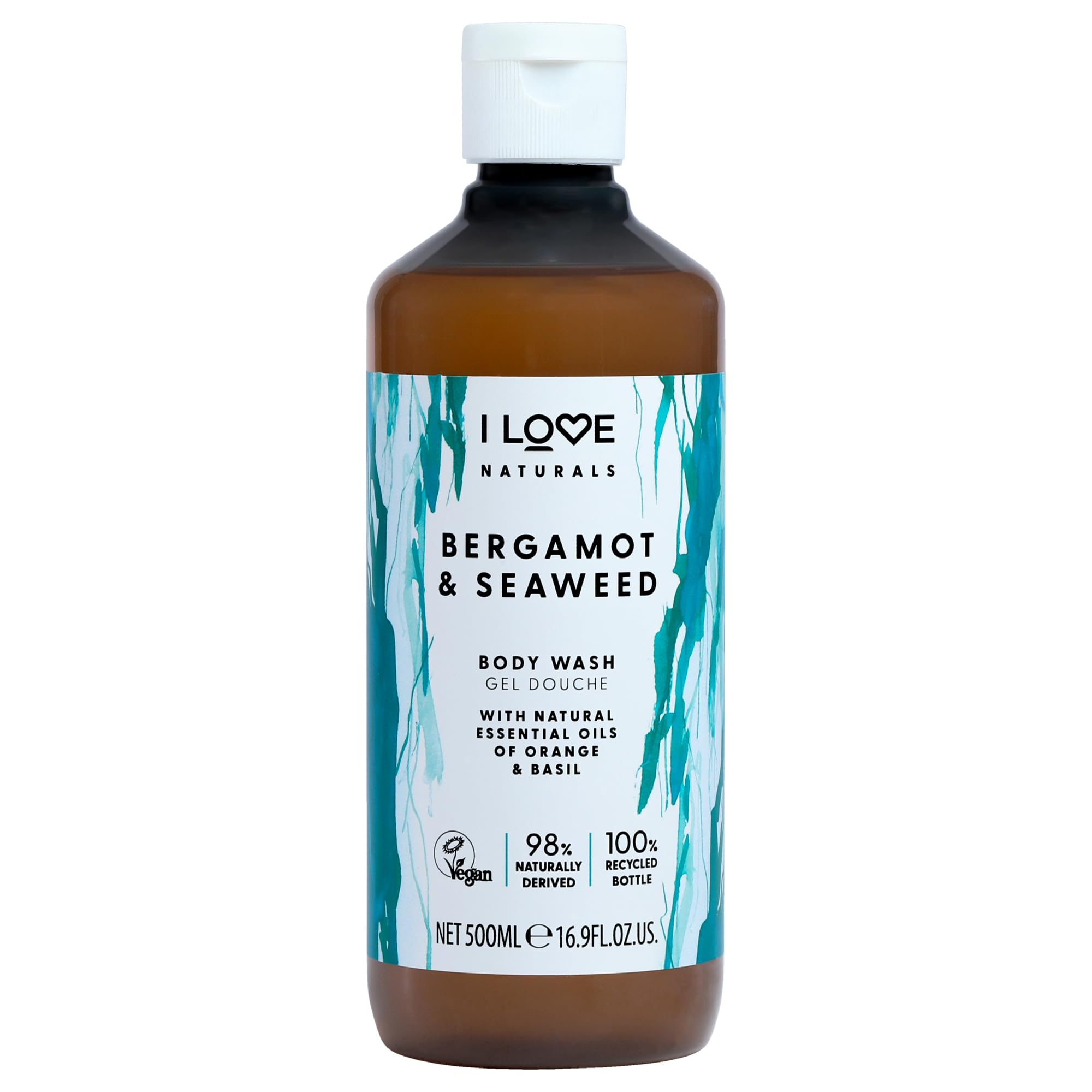 I LOVE Naturals Bergamot & Seaweed Body Wash with Orange & Basil Essential Oils, Silky Smooth Skin Formula, Moisturising Vegan-Friendly Shower Gel with Natural Ingredients 500ml