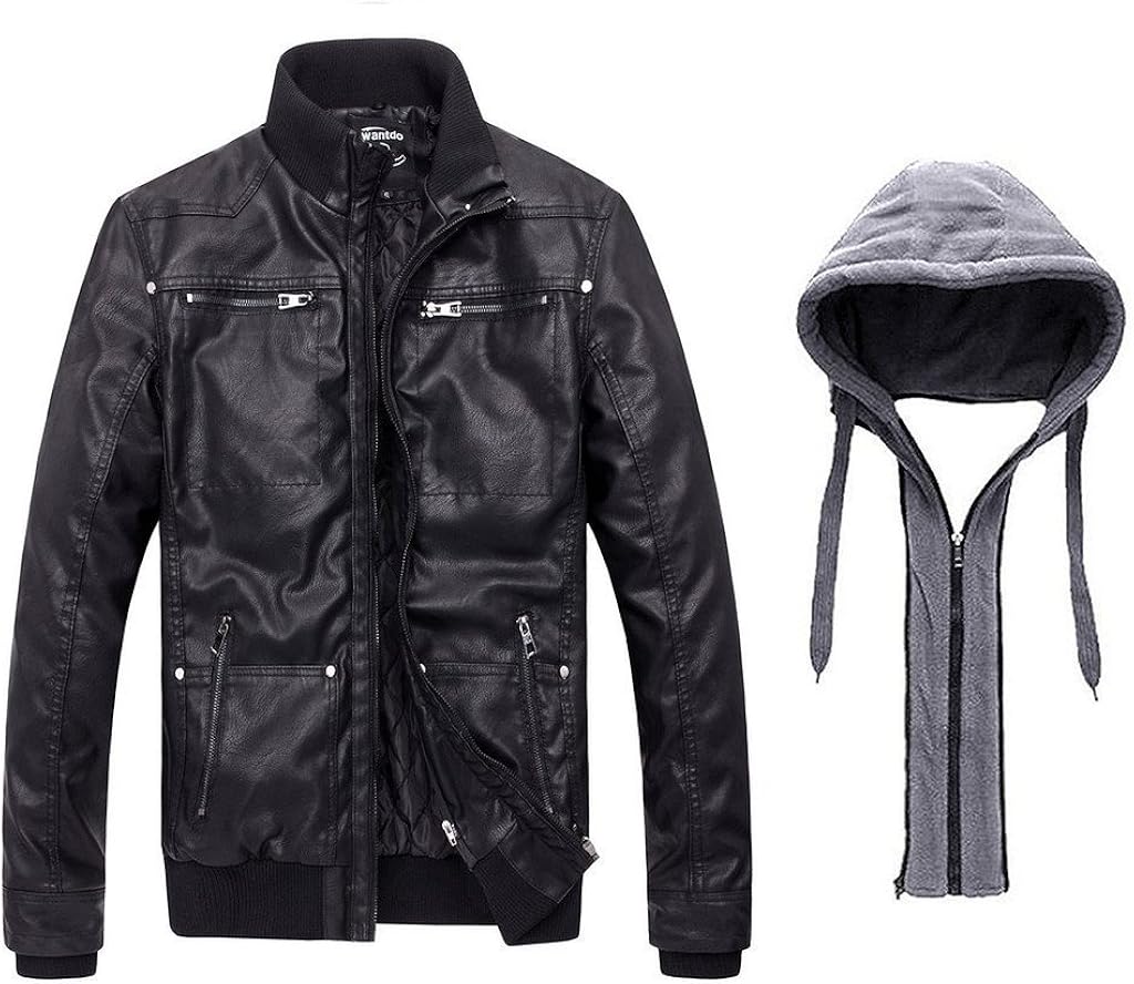 Wantdo Men's Faux Leather Jacket with Removable Hood Motorcycle Jacket Vintage Warm Winter Coat at  Men’s Clothing store