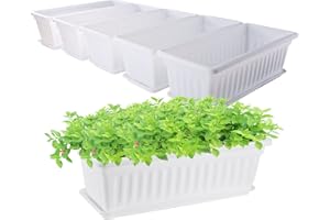 GREANER Plastic Flower Boxes Rectangle, 6 Pack Large Long Planter 16.9x7.48Inch Modern Thicken Vegetable Plant Pot with Tray for Garden, Kitchen, Houses, Offices, Balcony, Outdoor Indoor Use - White