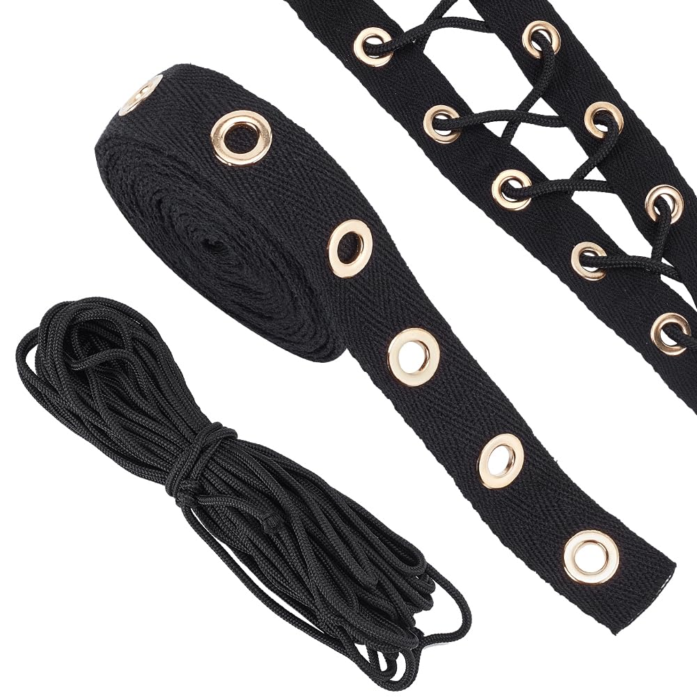 BENECREAT 3 Yards Cotton Grommet Eyelet Twill Tape Trim, Black Grommet Twill Tape, with 1 Strand of Round Polyester Braided Cord, for Sewing Garment Corsets Shirts Dresses Jackets