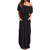 VERABENDI Women's Off Shoulder Summer Casual Long Ruffle Beach Maxi Dress with Pockets